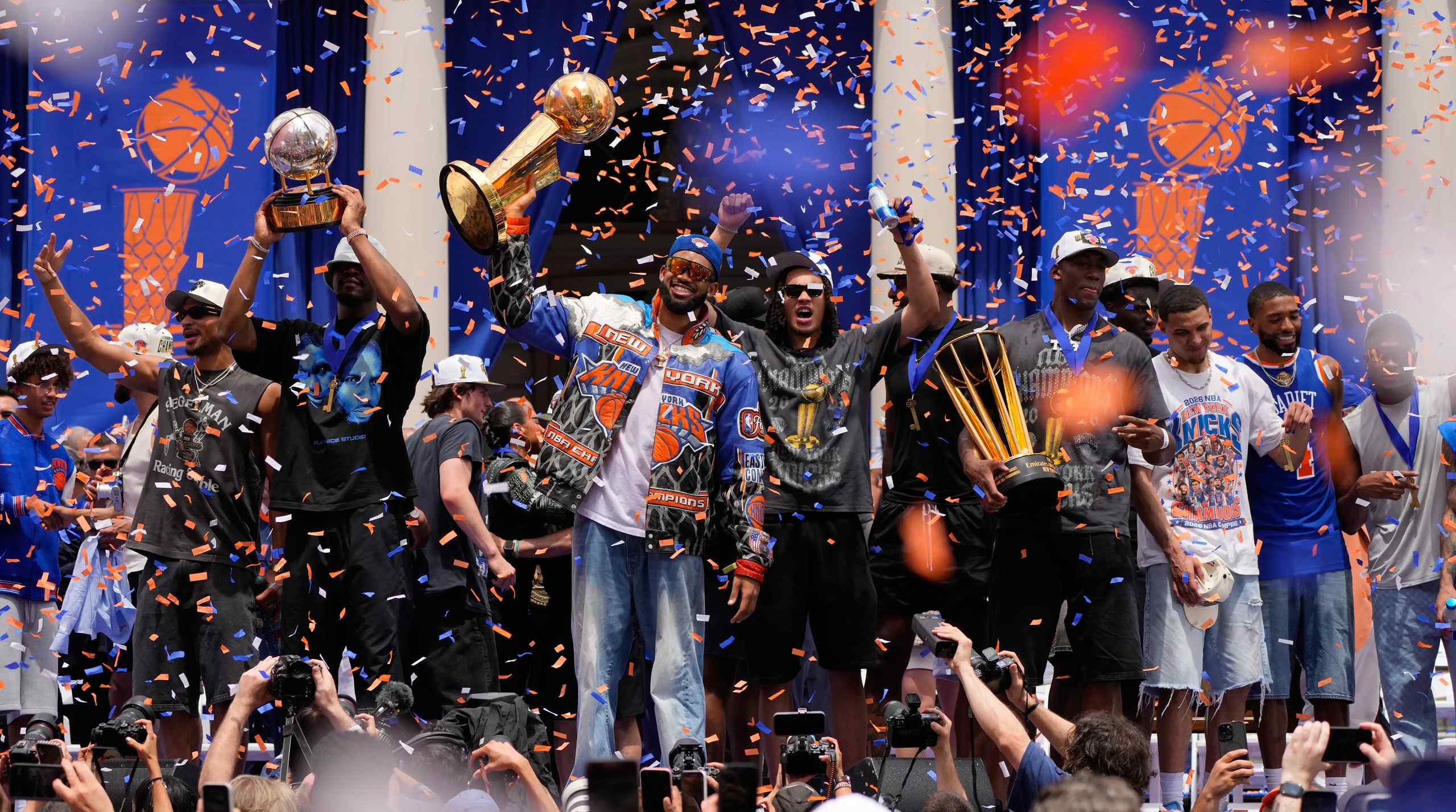 The New York Knicks celebrating with confetti raining down.